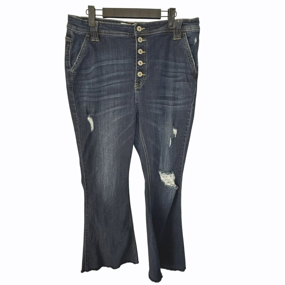 Kancan Flare Leg Distressed Blue‎ Button-Fly Denim Jeans XL